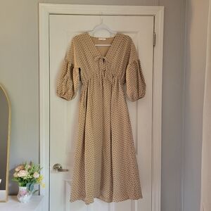 Women's Beige Floral Midi Dress With Empire Waist